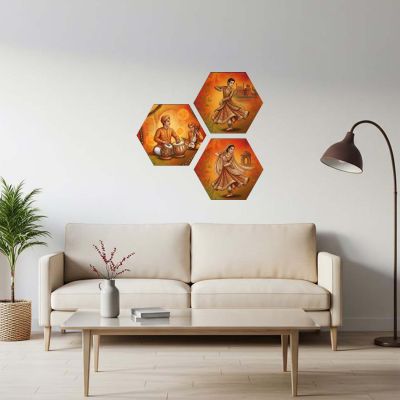 Set of 3 Hexagonal Shape Indian Classical Kathak Dance Wall Art Decor Traditional Musician and Dancer Theme Decor for Living Room, Office, and Cultural Wall Decoration